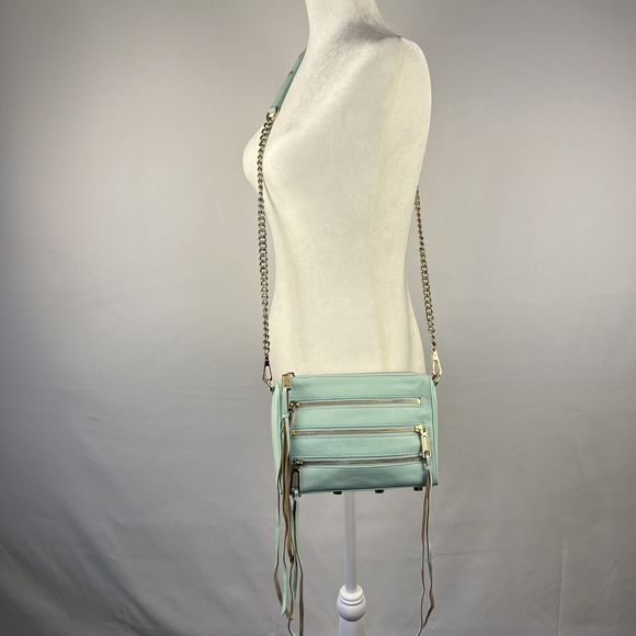 Rebecca Minkoff Crossbody Mini Bag Leather Purse Studded 5 Zip Mint Clutch Tote - Picture 8 of 16